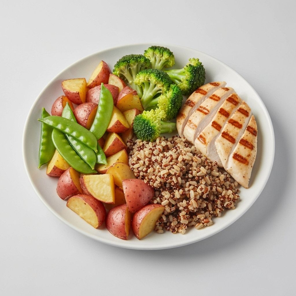 Balanced meal plate showing proper portions of vegetables, protein, and grains