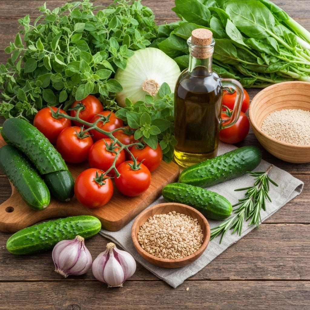 Mediterranean Diet - Fresh vegetables, olive oil, and healthy ingredients